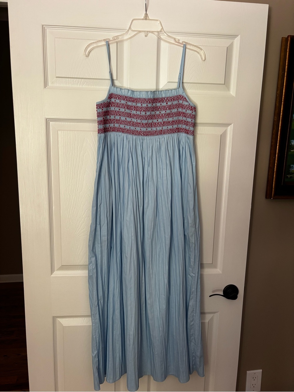 J. Crew Light Blue Maxi Dress with Red Smocked Bodice